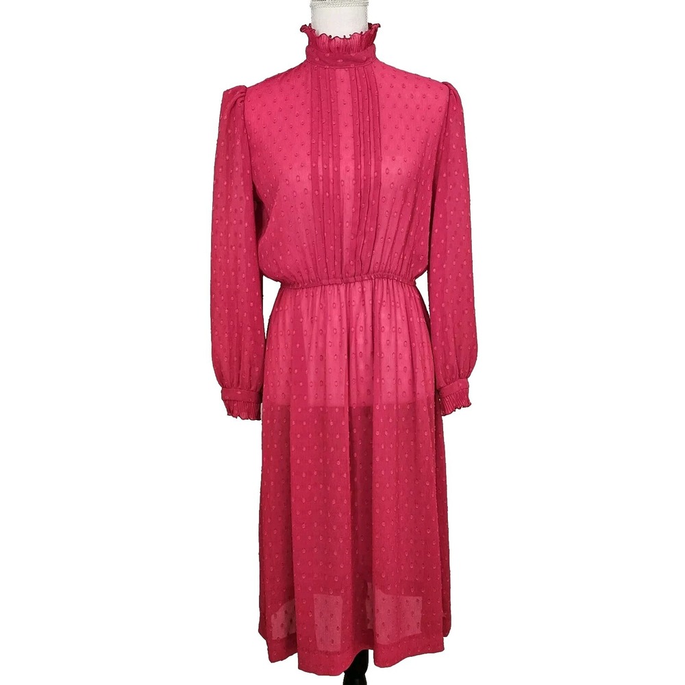 Vintage 80s Lady Carol Sheer Pink High Neck Swiss Dot Midi Dress Sz S Petite